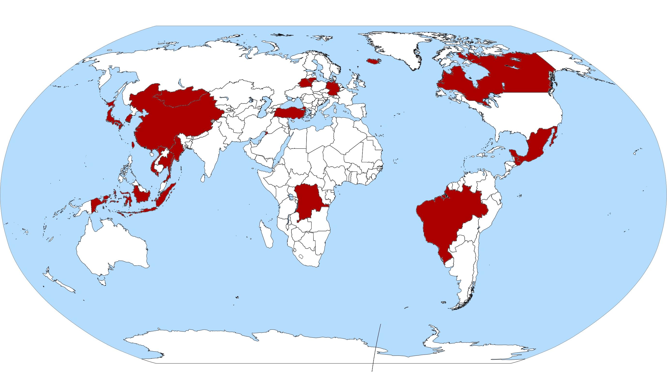 A map of the origin countries of the ELCB students for the past academic years: Belarus, Brazil, Canada, China, Congo, Germany, Guatemala, Hong Kong, Iceland, Indonesia, Japan, Kuwait, Lithuania, Mexico, Mongolia, Myanmar, South Korea, Taiwan, Thailand, Turkey, Vietnam